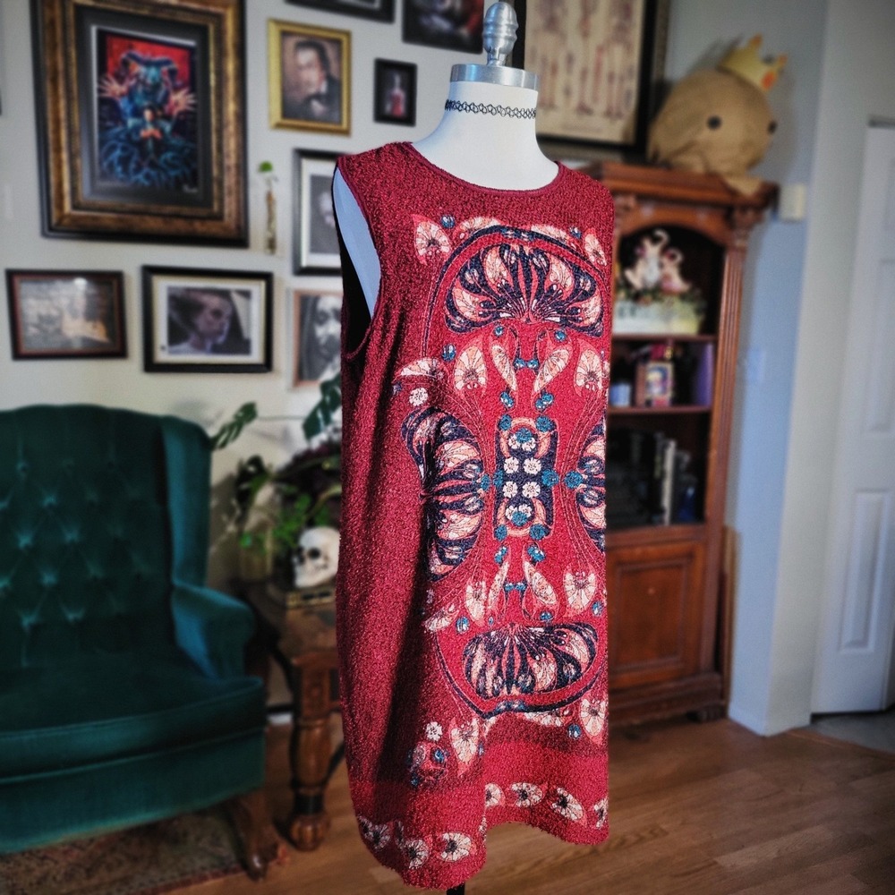 Max Studio MSSP Shift Dress XL Red Art Nouveau Tapestry Print Sleeveless Tunic
